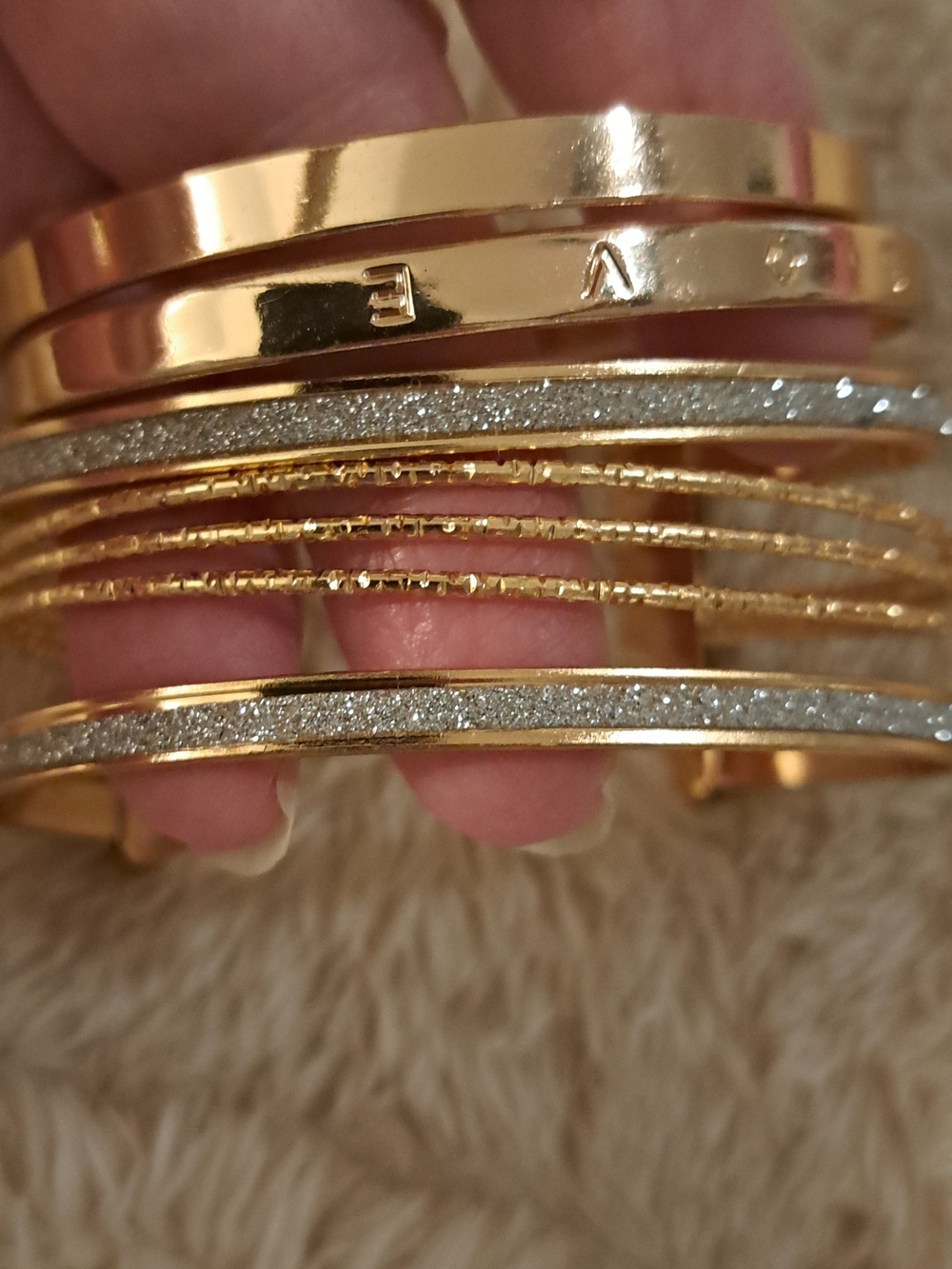 Gold and Silver Multistrand Cuff Bracelet With 2 Gold Tone Bangles
